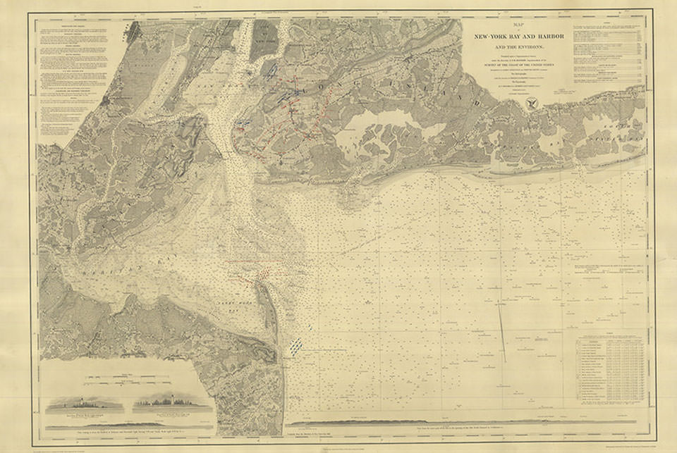Historical 1845 chart of New York Bay and Harbor with engraved coastlines, soundings, and navigation details.